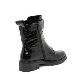 Comfortable Feel Ara Women's Deon Lug Sole Front & Inside Zip Boot Black Croc patent