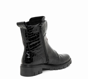 Comfortable Feel Ara Women's Deon Lug Sole Front & Inside Zip Boot Black Croc patent