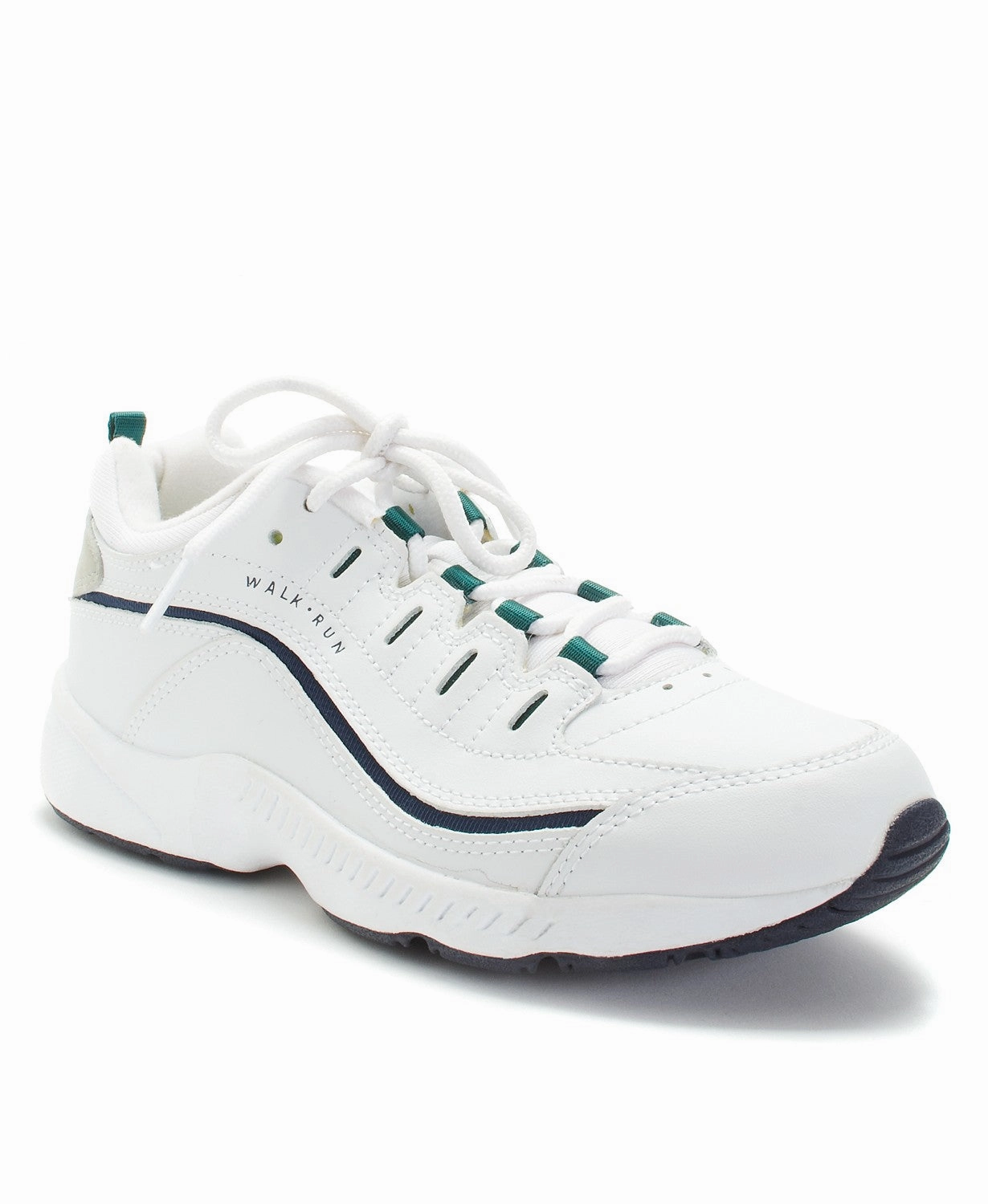 Perforated Tongue Cushioning Tech Easy Spirit Women's Romy Walking Shoes White/Navy Leather