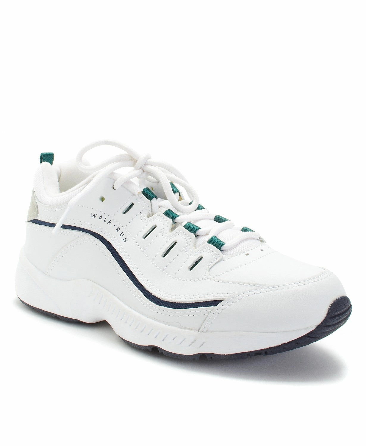 Easy Spirit Women's Romy Walking Shoes White/Navy Leather Impact Dispersing Geometries Clean Form