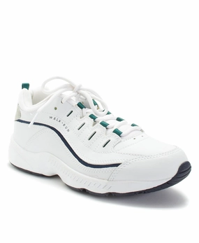Perforated Tongue Cushioning Tech Easy Spirit Women's Romy Walking Shoes White/Navy Leather