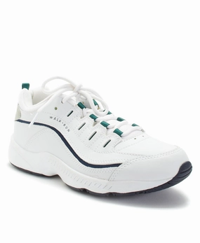 Perforated Tongue Cushioning Tech Easy Spirit Women's Romy Walking Shoes White/Navy Leather