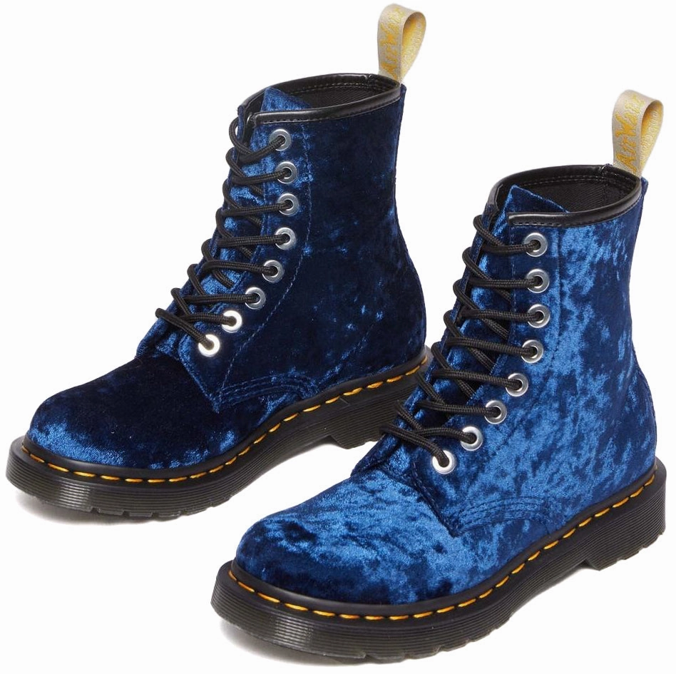 Hope Step Adjustable Dr. Martens Womens Vegan 1460 Deep Blue Crushed Velvet