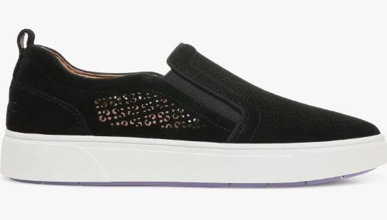 Vionic Kimmie Perforated Suede Slip-On Sneaker Black Tensile Heel Pull Tab