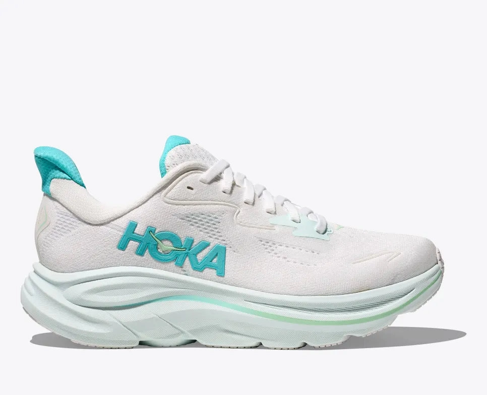 Hoka One One Women's Clifton 10 Sneaker White / Cielo blue HeelStabilizer
