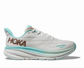 Hoka One One Women's Clifton 9 Sneaker FROST/ROSE GOLD Flat Knit Texture Modern Ease