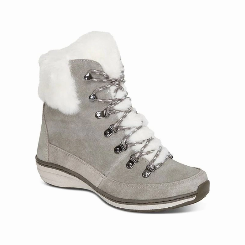 Aetrex Women's Jodie Fur Arch Support Waterproof Winter Boot Grey Suede Hill Climb