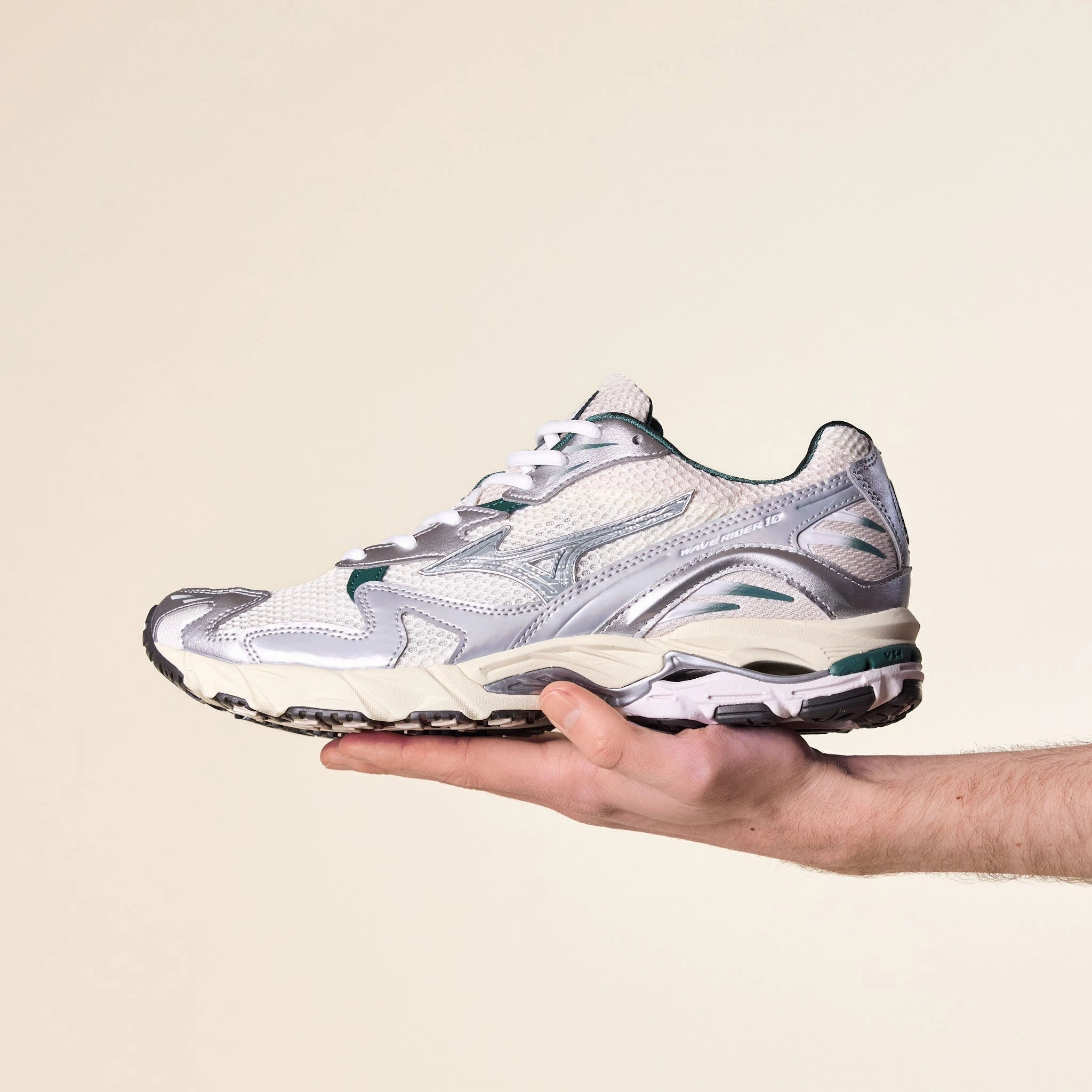 Mizuno - Wave Rider 10 Premium - Snow White / Slate / Bistro Green Firm Lock Adjustable